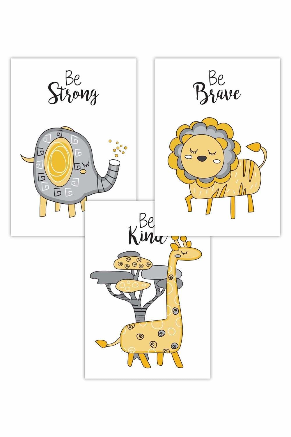 Set of 3 Scandi Nursery Elephant Animals Quote Yellow Grey Art Posters